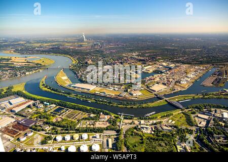 Luftaufnahme, Kohle Hafen am Duisburger Hafen Duisport AG-an-der-Ruhr mit der Mündung der Ruhr in den Rhein, Ruhrort, Duisburg, Ruhrgebiet, Nord Stockfoto