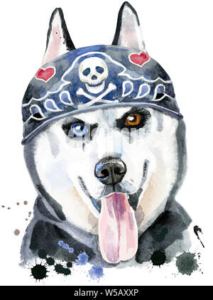 Süßer Hund tragen in Biker Bandana. T-shirt Grafiken. Aquarell von Husky Stockfoto