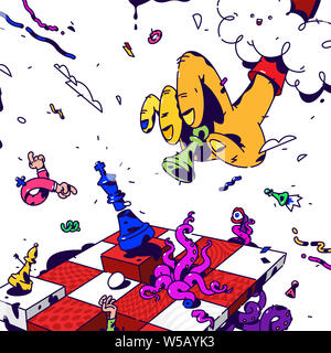 Psychedelic Abbildung über Schach. Vektor. Surrealistische Bild auf das Thema Management und Business. Schachspiel. Gezeichneten Elemente. Cartoon fla Stockfoto