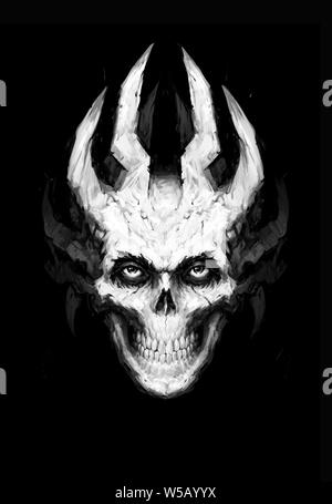 Abbildung: Weiße toothy Schädel mit Hörner. Bild ist auf einem schwarzen Hintergrund isoliert. Abdeckung für das Album, Buch und Website. Devil's Bild. Illusion fo Stockfoto
