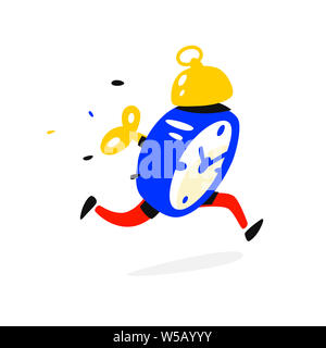 Zeichentrickfigur, Wecker. Vector Illustration. Die Zeit ist abgelaufen. Die Uhr läuft. Das Bild ist auf weißem Hintergrund. Flache Darstellung Stockfoto