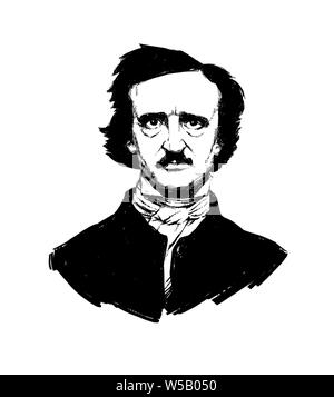 Illustration von Edgar Allan Poe. Porträt der große amerikanische Schriftsteller und Dichter. Abbildung für eine Tätowierung, Website, Broschüre, Plakat, Postkarte. Bild auf wh Stockfoto