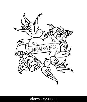 Ein Tattoo mit der Aufschrift von Mom. Ein Herz und eine Blume Tattoo mit einer Blume. Tattoo im Stil der amerikanischen Old School. Raster Flachbild tattoo. Die Stockfoto