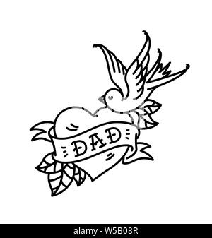 Ein Tattoo mit der Aufschrift von Dad. Herz Tattoo mit einem Birdie. Tattoo im Stil der amerikanischen Old School. Raster Flachbild tattoo. Die Abbildung Stockfoto