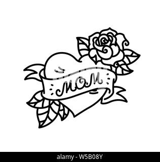 Ein Tattoo mit der Aufschrift von Mom. Ein Herz und eine Blume Tattoo mit einer Blume. Tattoo im Stil der amerikanischen Old School. Raster Flachbild tattoo. Die Stockfoto