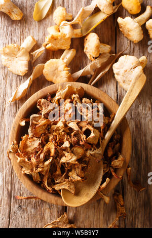 Trockene und frische Pfifferlinge close-up auf einem Teller auf den Tisch. Vertikal oben Ansicht von oben Stockfoto