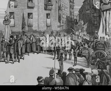 España. Burgos. Actos celebrados por la entrega, por Parte de S.M. El Rey Alfonso XII de España (1857-1885), de la urna funeraria Con Los restos de El Cid Campeador y de su esposa Doña Jimena, al Ayuntamiento de la Ciudad. Desfile de la procesión Cívica por delante de la Casa del Cordón', antiguo Palacio de lso condestables de Castilla. Dibujo del Natürliche por Isidro Gil. Grabado por Vela. La Ilustración Española y Americana, 30 de marzo de 1883. Stockfoto