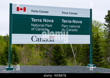 Wiltondale, Neufundland - 11. Juni 2019: Am Eingang zu Terra Nova National Park in Neufundland, Kanada Willkommen Anmelden Stockfoto