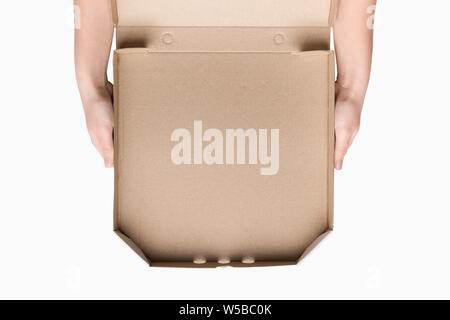Woman's Hände halten Leere pizza box, Ansicht von oben Stockfoto