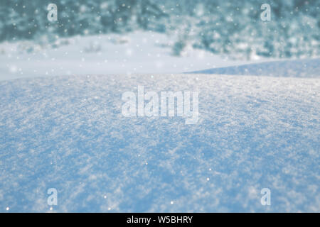 Natürliche Winter Weihnachten Hintergrund. Eine schneeverwehung Schnee in der Sonne funkeln vor dem Hintergrund einer Winter Forest und Schneefall Stockfoto