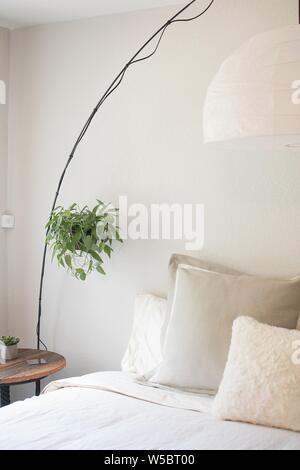 Vertikale Aufnahme eines weißen Bettes mit Kissen und ein Rundes Holzbett daneben mit einer hängenden Pflanze Stockfoto