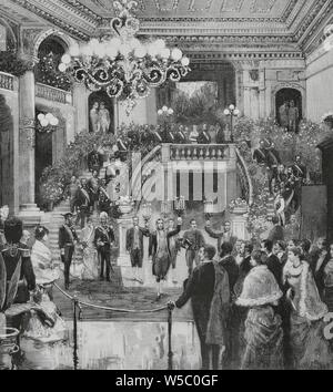 Bélgica. Bruselas. Viaje de S.M. El Rey Alfonso XII (1857-1885). El vestíbulo del' Theatre Royal de la Monnaie" (Teatro Real de la Moneda), en el acto de salir SS. Mm.de la función de Gala celebrada El 28 de Septiembre de 1883. Dibujo del Natürliche por Juan Comba. Grabado por Rico. La Ilustración Española y Americana, 30 de Mayo de 1883. Stockfoto