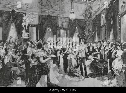 El Principe heredero Friedrich Wilhelm Nikolaus Karl von Preuben (1831-1888), futuro Federico III de Alemania, de Visita a Madrid, España. En ehre Festejos del Príncipe Imperial de Alemania. Recepción de La Casa de la Villa. Aspecto del Salón Principal, En la noche del 2 de November de 1883. Dibujo del Natürliche por Ferrant. Grabado por Bernardo Rico (1825-1894). La Ilustración Española y Americana, 15 de November de 1883. Stockfoto