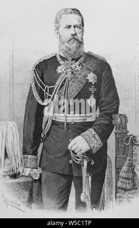 El Principe heredero Friedrich Wilhelm Nikolaus Karl von Preuben (1831-1888), futuro Federico III de Alemania, segundo Emperador de Alemania (káiser) y Octavo rey de Preussen. Dibujo de Badillo. Grabado por Arturo Carretero (1852-1903). La Ilustración Española y Americana, 22 de Noviembre de 1883. Stockfoto