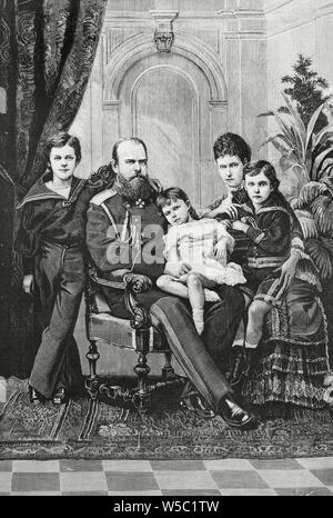 La Familia imperial Rusa. De izquierda a derecha: Zarivitch Nicolas Alejandrovitch, El Zar Alejandro III (1845-1894), La Gran Duquesa Xenia Alejandrovna Románova (1875-1960) la Zarina Maria Feodorovna Románova (1847-1928) y El Gran Duque Jorge Alejandrovitch (1871-1899). Grabado por Arturo Carretero (1852-1903). La Ilustración Española y Americana, 15 de Oct de 1883. Stockfoto