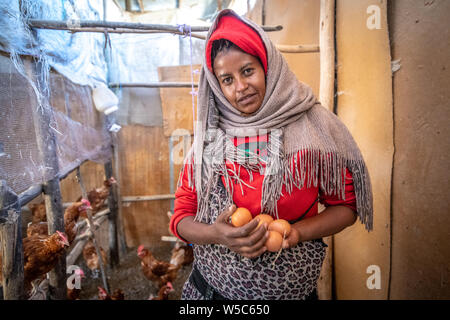 Ein äthiopischer Bauern eier Holding aus ihrem Hühnerstall, Debre Berhan, Äthiopien. Stockfoto