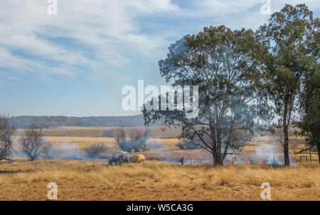 Bergville, Südafrika - Unbekannter landwirtschaftlichen Arbeitnehmern besetzt mit kontrollierter Verbrennung von Schneisen in den trockenen Winter gras Bild im Querformat. Stockfoto