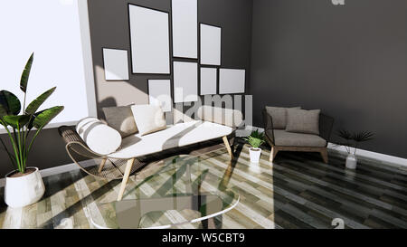 Moderne Einrichtung mit Sofa und Sessel im Zimmer dunkel Holz Fliesen für Wand und Boden. 3D-Rendering Stockfoto