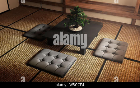 Mock up, Bonsai Baum auf Schwarz niedriger Tisch, Kissen auf Tatami Matten entwerfen die Schönsten. 3D-Rendering Stockfoto