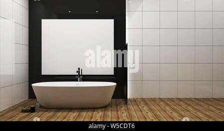 Weiße Fliesen und grau glänzende Wand Badezimmer Einrichtung mit weißen Wanne, Muck. 3D-Rendering Stockfoto