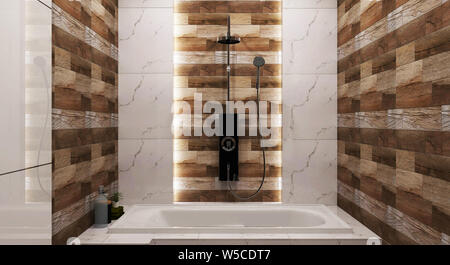 Badezimmer mit Fliesen und Fliesen Granit Design mit Wanne und Dusche. 3D-Rendering Stockfoto