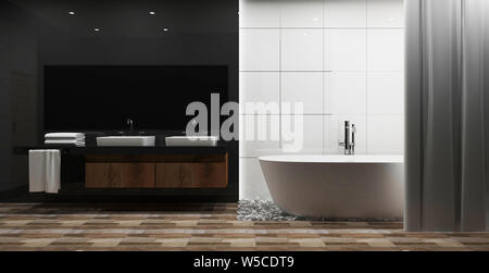 Weiße Fliesen und grau glänzende Wand Badezimmer Einrichtung mit weißen Wanne, Muck. 3D-Rendering Stockfoto