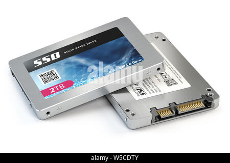 SSD Solid State Laufwerke Festplatten auf weißem Hintergrund. 3D-Darstellung Stockfoto