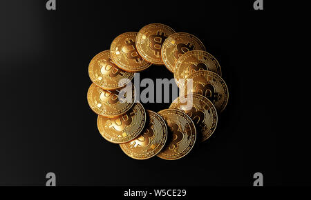Golden bitcoin Münzen auf schwarzem Hintergrund. 3D rederig Stockfoto