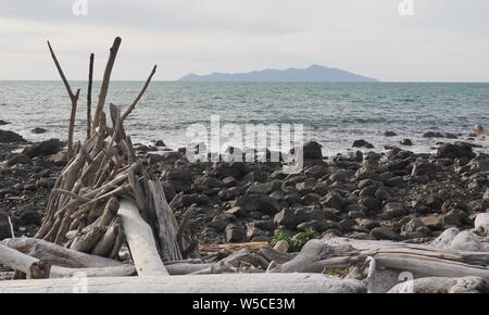 Driftwood Sticks bilden ein angebautes am Strand in Pukerua Bay nördlich von Wellington Stockfoto