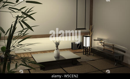 Japan Wohnzimmer Tatami Matten und traditionelle Japanische Dekoration, im japanischen Stil. 3D-Rendering Stockfoto