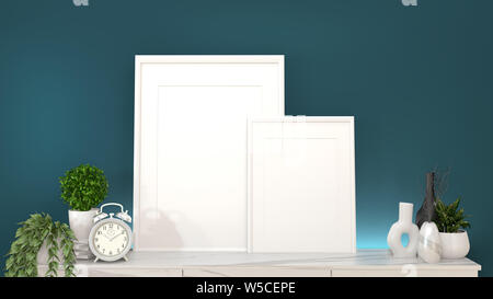 Mock up Frame auf Granit Schränke in ein dunkles Grün Zimmer und Dekoration. 3D-Rendering Stockfoto