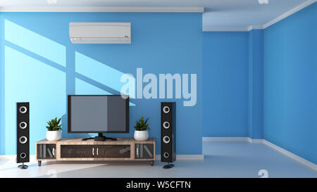 TV modernes Wohnzimmer auf hellblau Wand Hintergrund. 3D-Rendering Stockfoto