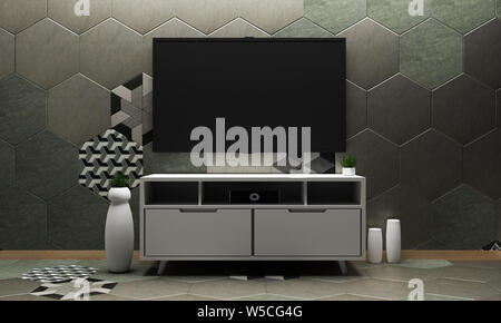 Smart TV Mock up mit leeren schwarzen Bildschirm hängen an den Schrank Dekor auf Hexagon Muster für Wand und Boden Design. 3D-Rendering Stockfoto