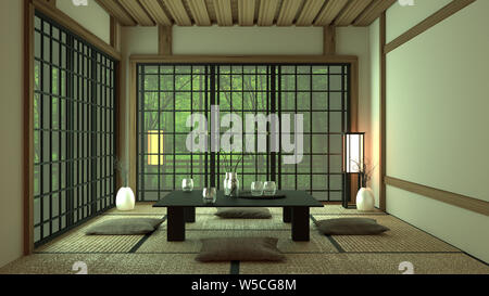 Design der Zimmer im japanischen Stil. 3D-Rendering Stockfoto