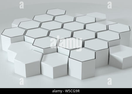 Weiße, hexagonale Plattformen miteinander verbunden Hintergrund, 3D-Rendering. Computer digitale Zeichnung. Stockfoto