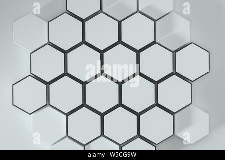 Weiße, hexagonale Plattformen miteinander verbunden Hintergrund, 3D-Rendering. Computer digitale Zeichnung. Stockfoto
