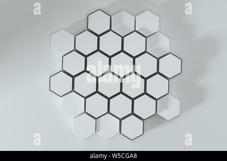 Weiße, hexagonale Plattformen miteinander verbunden Hintergrund, 3D-Rendering. Computer digitale Zeichnung. Stockfoto
