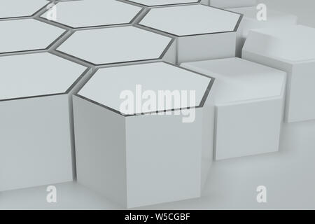 Weiße, hexagonale Plattformen miteinander verbunden Hintergrund, 3D-Rendering. Computer digitale Zeichnung. Stockfoto