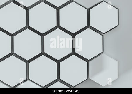 Weiße, hexagonale Plattformen miteinander verbunden Hintergrund, 3D-Rendering. Computer digitale Zeichnung. Stockfoto