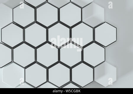 Weiße, hexagonale Plattformen miteinander verbunden Hintergrund, 3D-Rendering. Computer digitale Zeichnung. Stockfoto
