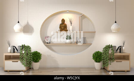 Weiße Wand mock up leeren Raum mit Buch und Vase und Pflanzen auf Cabinet, decoaration im Regal an der Wand Design im japanischen Stil. 3D-Rendering Stockfoto