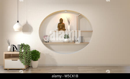 Weiße Wand mock up leeren Raum mit Buch und Vase und Pflanzen auf Cabinet, decoaration im Regal an der Wand Design im japanischen Stil. 3D-Rendering Stockfoto