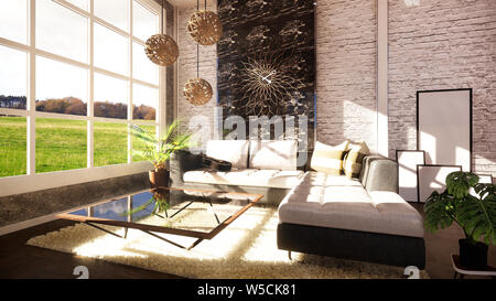 Loft modernes Interieur als offene, moderne Apartment ausgelegt. 3D-Rendering Stockfoto