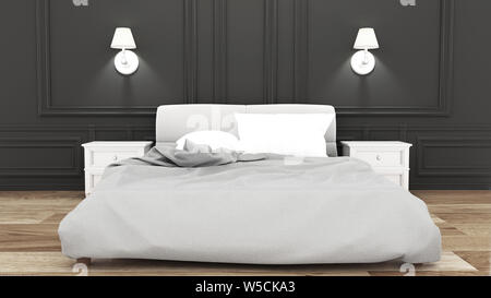 Elegance Bed Zimmer auf schwarze Wand, luxuriösen Stil. 3D-Rendering Stockfoto