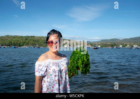 Phu Yen Provinz, Vietnam - Juli 21, 2019: weibliche Touristen lächelnd mit einem Bündel von Algen an Hand in Phu Yen Provinz, Vietnam. Seegras ist ein beliebter Stockfoto