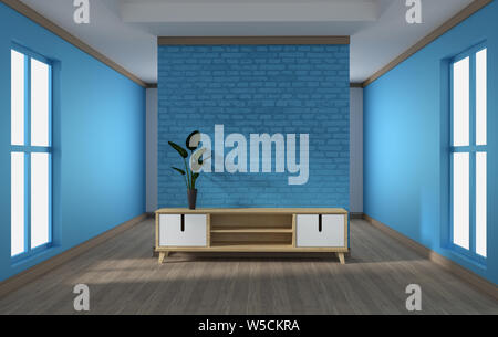 Schaltschrankbau, modernes Wohnzimmer mit blauen Mauer auf weißem Holzfußboden. 3D-Rendering Stockfoto