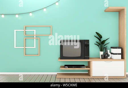 Tv Regal in Mint zimmer Moderne tropischen Stil - leere Zimmer Innenraum - minimales Design. 3D-Rendering Stockfoto