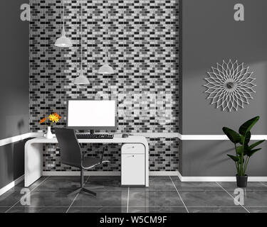 Schwarz Mosaik Fliese Wall Design auf schwarzem Granit Fliesen im Arbeitszimmer Büro mit Computer und Dekoration. 3D-Rendering Stockfoto