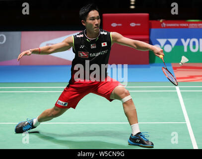 Tokio, Japan. 28. Juli 2019. Kento Momota von Japan konkurriert im Endspiel gegen Jonatan Christie von Indonesien singles an Japan Open 2019 Badminton Turnier in Tokio, Japan, am 28. Juli 2019. Credit: Du Xiaoyi/Xinhua/Alamy leben Nachrichten Stockfoto