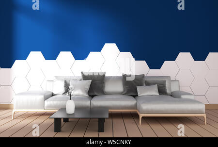 Modernes Wohnzimmer mit Sessel Dekoration und grünen Pflanzen auf Hexagon Blue Tile auf weiße Wand im Hintergrund, ein minimalistisches Design, 3D-Rendering Stockfoto